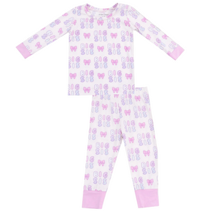 Angel Dear Baby Long Sleeve Loungewear Set features breathable fabric and a pink and purple "BIG SIS" bow print on white with pink cuffs—perfect cozy loungewear for your little one.