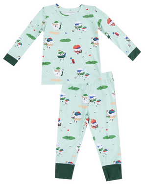 The Angel Dear Baby Long Sleeve Loungewear Set features a light blue golf-themed print, dark green cuffs, and pants, made from cozy, breathable fabric for children's comfort.