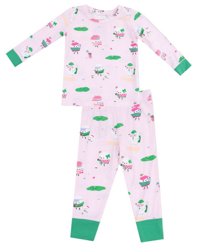 The Angel Dear Baby Long Sleeve Loungewear Set features pink pajamas with green cuffs and a playful golfing sheep and golf course print—perfect for kids’ bedtime fun.