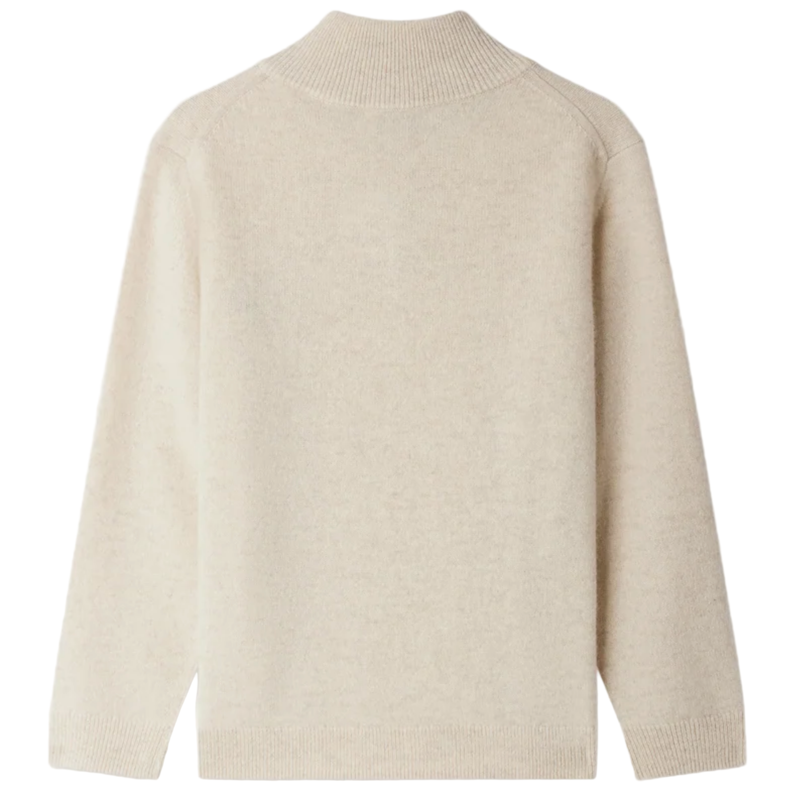 The Bonpoint Boys' Gert Cashmere Sweater is shown laid flat, back up. This cream sweater features a trucker collar, ribbed trim, and Bonpoint embroidery for a timeless, comfortable style.