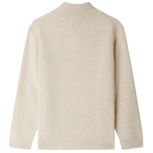 The Bonpoint Boys' Gert Cashmere Sweater is shown laid flat, back up. This cream sweater features a trucker collar, ribbed trim, and Bonpoint embroidery for a timeless, comfortable style.