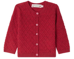 The Bonpoint Baby Girls' and Girls' Jarancia cardigan with a Fancy Wool Stitch features long sleeves, a knit diamond pattern, pink buttons, and subtle cross-stitch details, shown in red on a white background.
