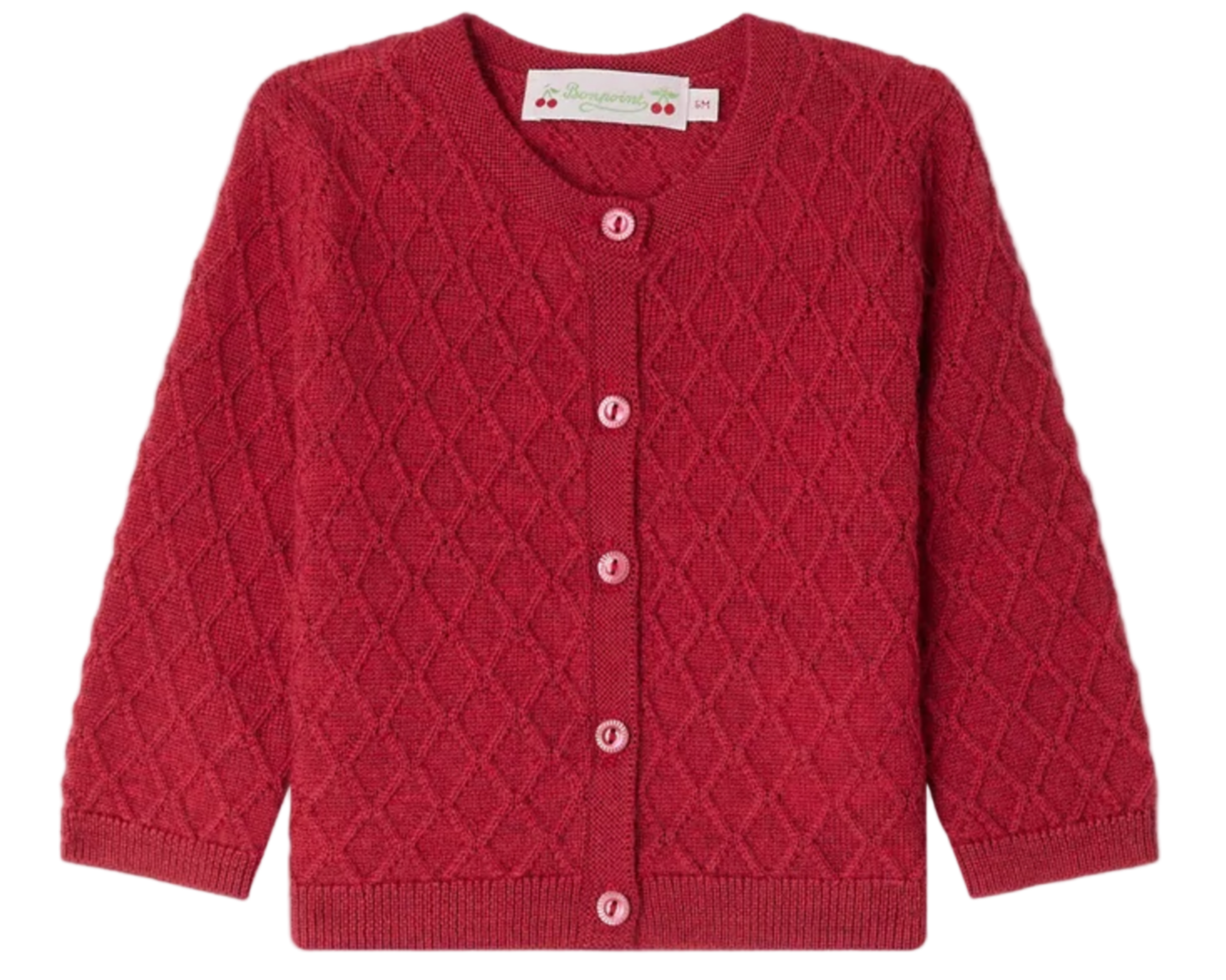 The Bonpoint Baby Girls' and Girls' Jarancia cardigan with a Fancy Wool Stitch features long sleeves, a knit diamond pattern, pink buttons, and subtle cross-stitch details, shown in red on a white background.