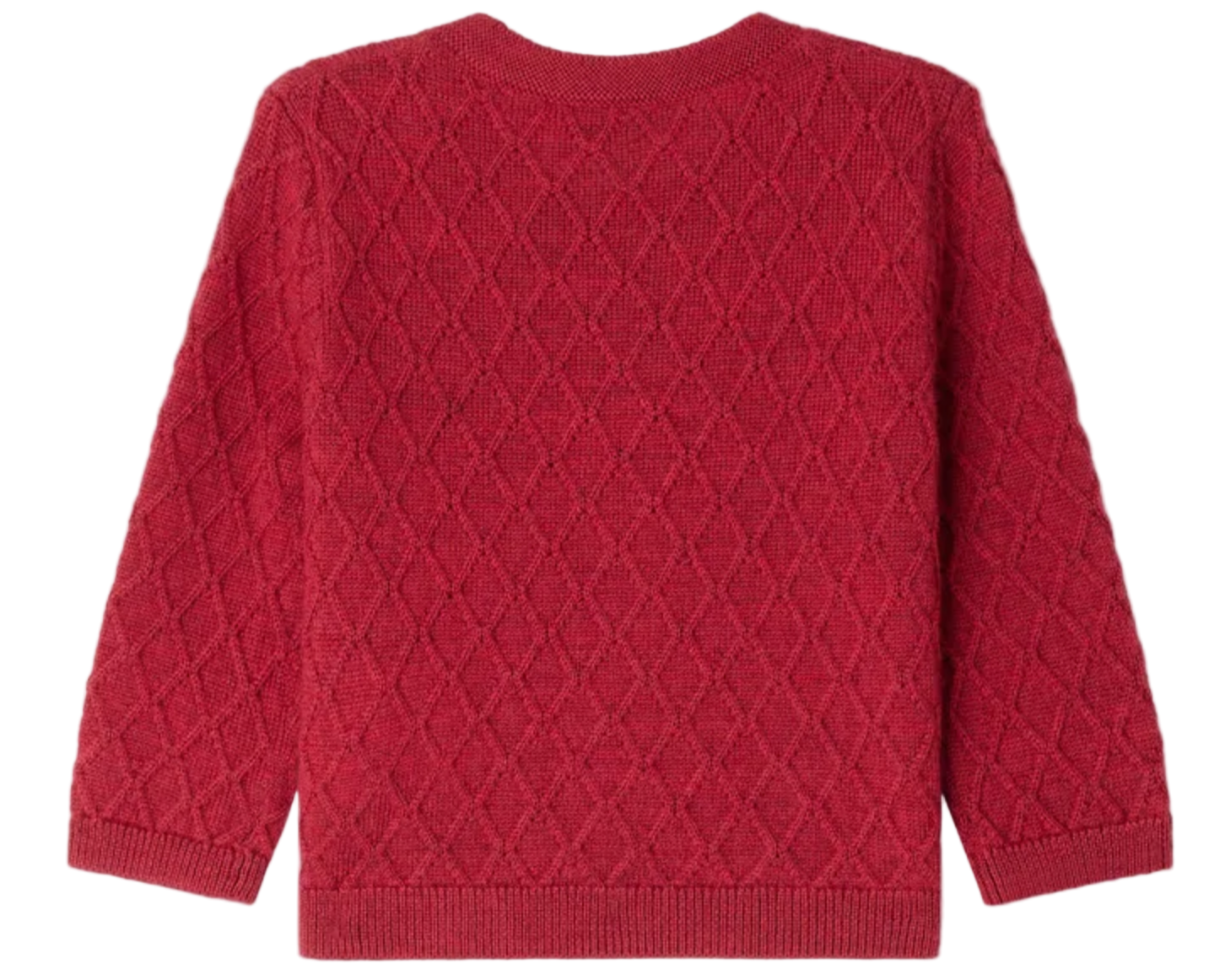 A long-sleeved, red Bonpoint Jarancia cardigan for baby girls and girls, featuring a fancy wool stitch and diamond pattern, shown from the back.