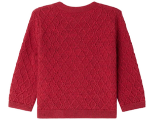 A long-sleeved, red Bonpoint Jarancia cardigan for baby girls and girls, featuring a fancy wool stitch and diamond pattern, shown from the back.
