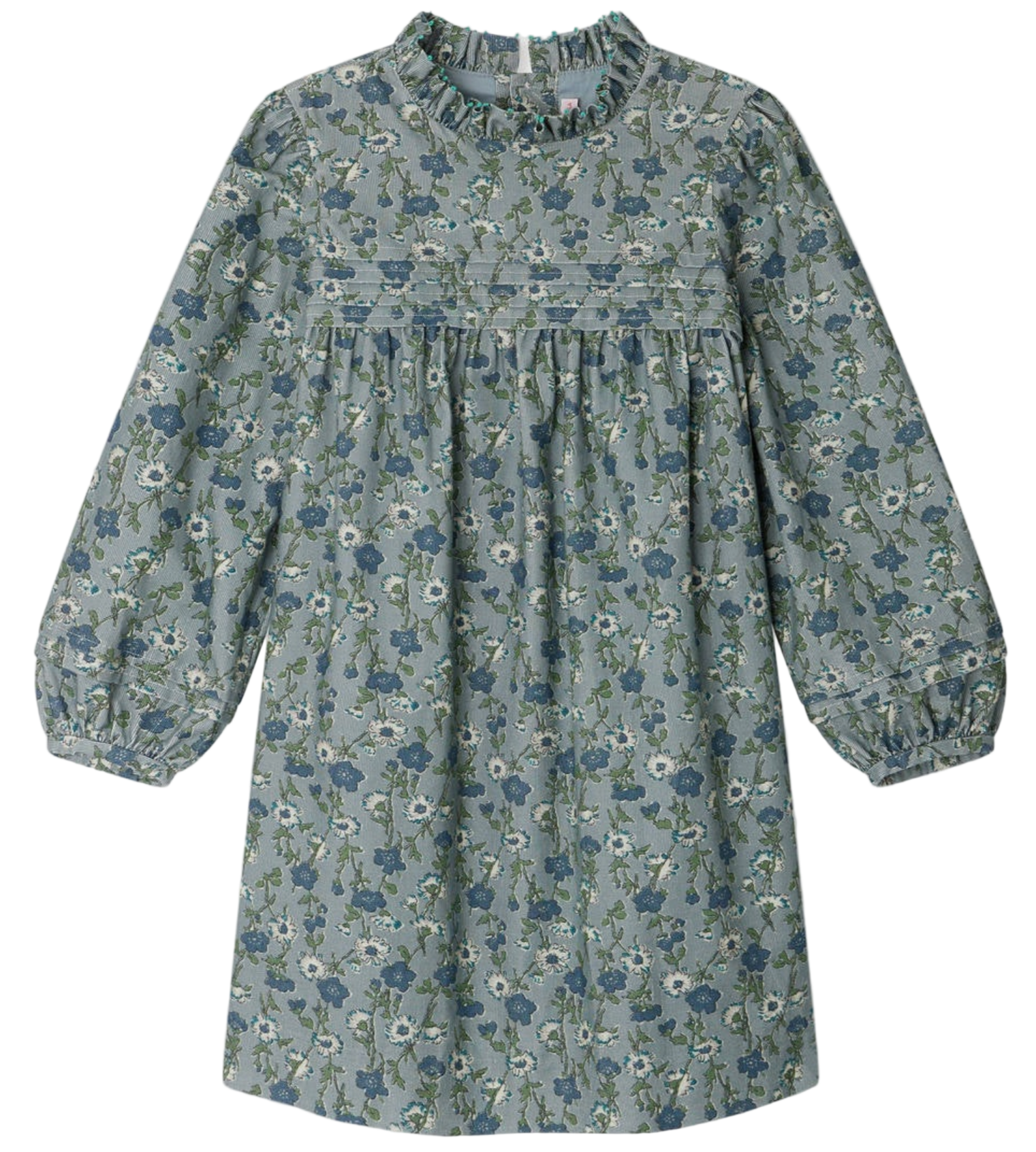 The Bonpoint Girls' Topaz Dress features an embroidered collar and pleated Liberty velvet fabric, designed in a knee-length style with long sleeves, in elegant shades of blue and green.