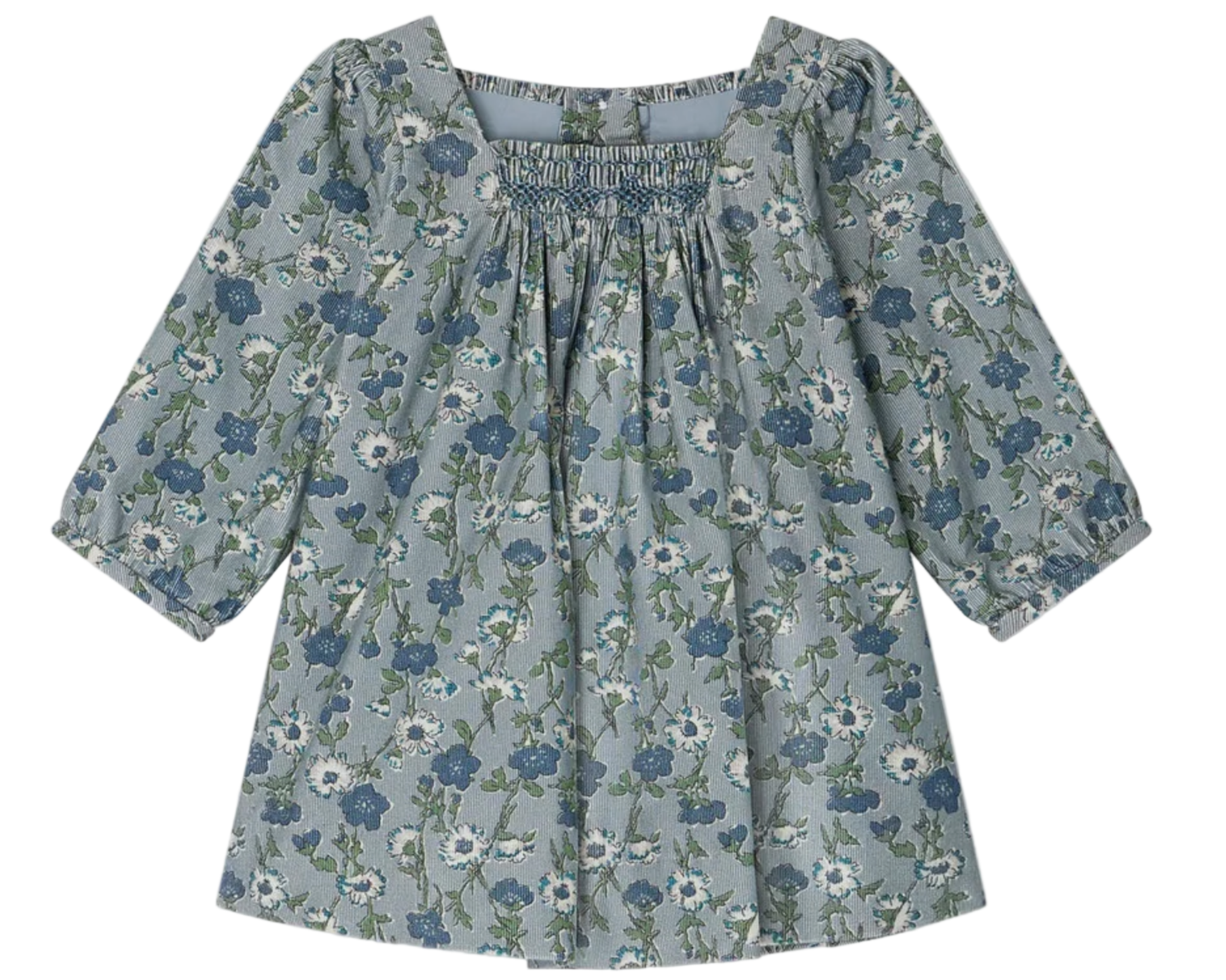 The Bonpoint Baby Girls' and Girls' Jada Dress, crafted from Liberty velvet fabric, features smocking and embroidery. The dress is shown on a white background.