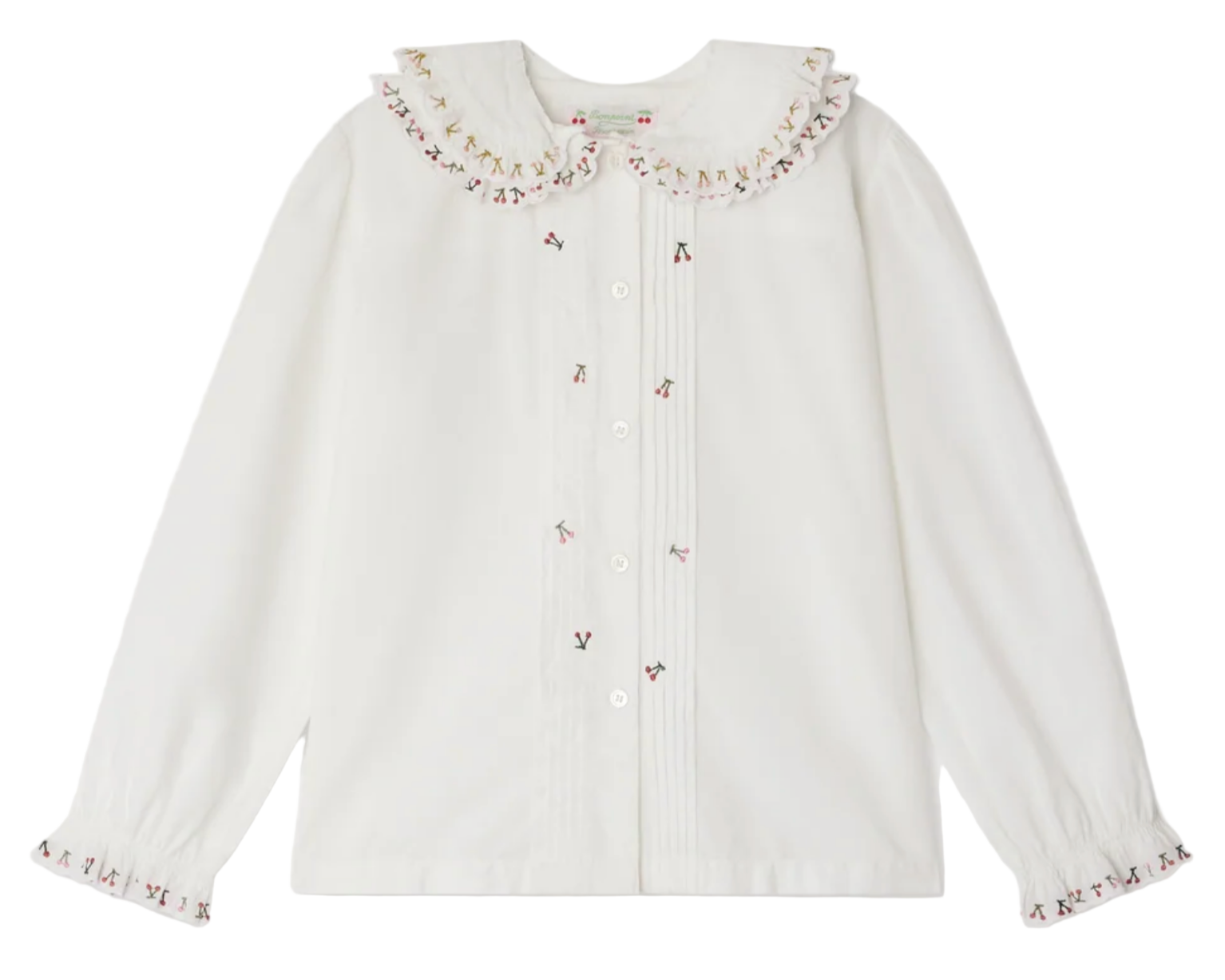 The Bonpoint Girls' Janeke Blouse features a ruffled embroidered collar, pleated details, button front, and gathered cuffs, crafted from soft organic cotton.