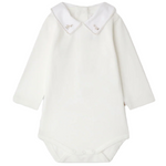 Bonpoint Baby September bodysuit: white long-sleeve organic cotton with an embroidered donkey peter pan collar and decorative stitching, snap closures at the bottom.