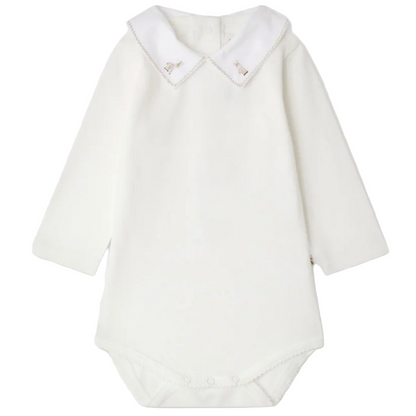 Bonpoint Baby September bodysuit: white long-sleeve organic cotton with an embroidered donkey peter pan collar and decorative stitching, snap closures at the bottom.