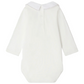 The Bonpoint Baby September bodysuit features a white organic cotton design, scalloped collar with hand-embroidered donkey detail, long sleeves, and button closures on the upper back.