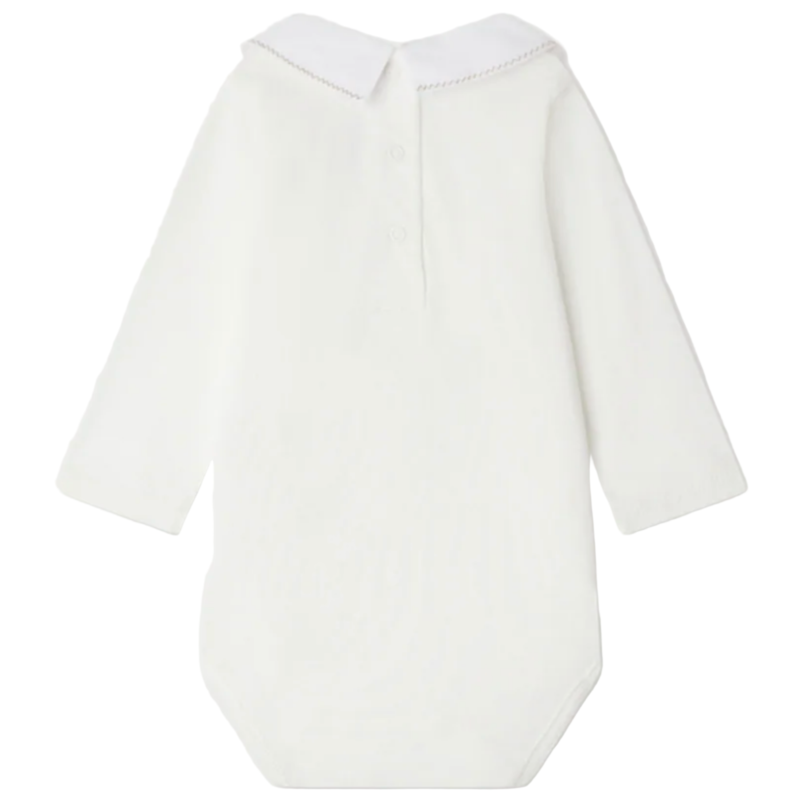 The Bonpoint Baby September bodysuit features a white organic cotton design, scalloped collar with hand-embroidered donkey detail, long sleeves, and button closures on the upper back.
