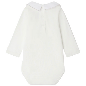 The Bonpoint Baby September bodysuit features a white organic cotton design, scalloped collar with hand-embroidered donkey detail, long sleeves, and button closures on the upper back.