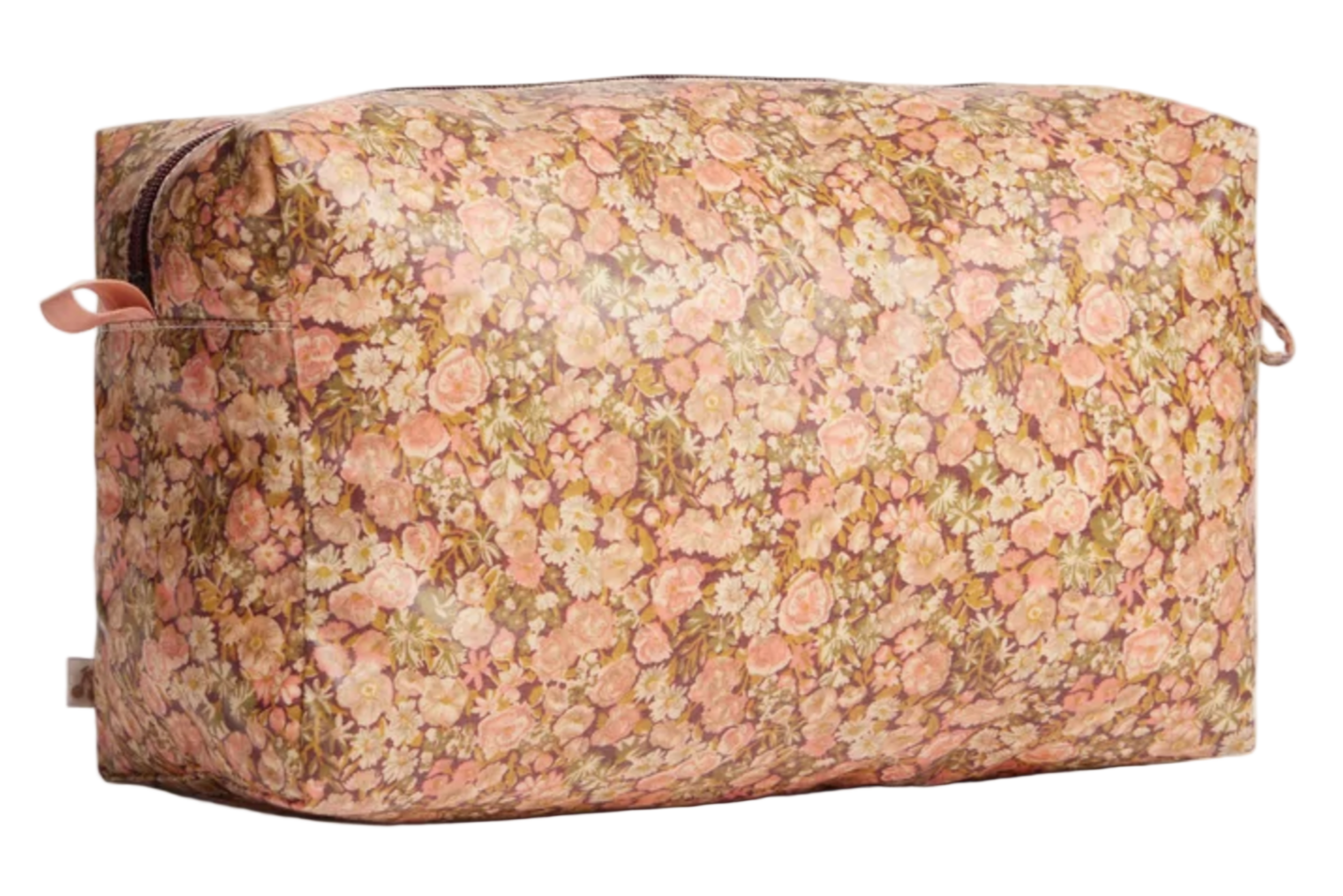 The Trousse Quilted Pencil Case in coated Liberty fabric by Bonpoint features a pink and brown floral pattern, top zippered closure, and handle loops—ideal for organizing baby essentials or stationery.