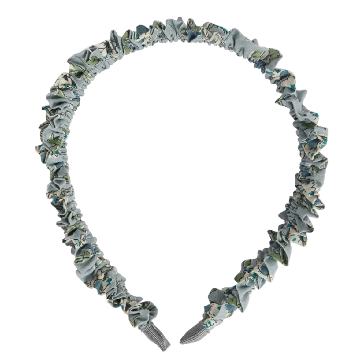 The Bonpoint Jovie Headband in Blue Organic Cotton Liberty Fabric features a blue and green floral print with a ruched, gathered design.