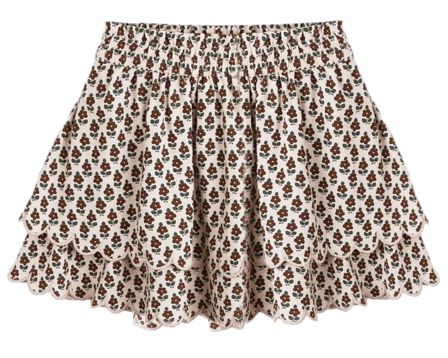 The Girls' Rose Mini Skirt by Rylee & Cru features scalloped tiers and an elastic gathered waist, with a brown and green floral print on a cream background.