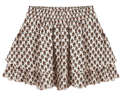 The Girls' Rose Mini Skirt by Rylee & Cru features scalloped tiers and an elastic gathered waist, with a brown and green floral print on a cream background.
