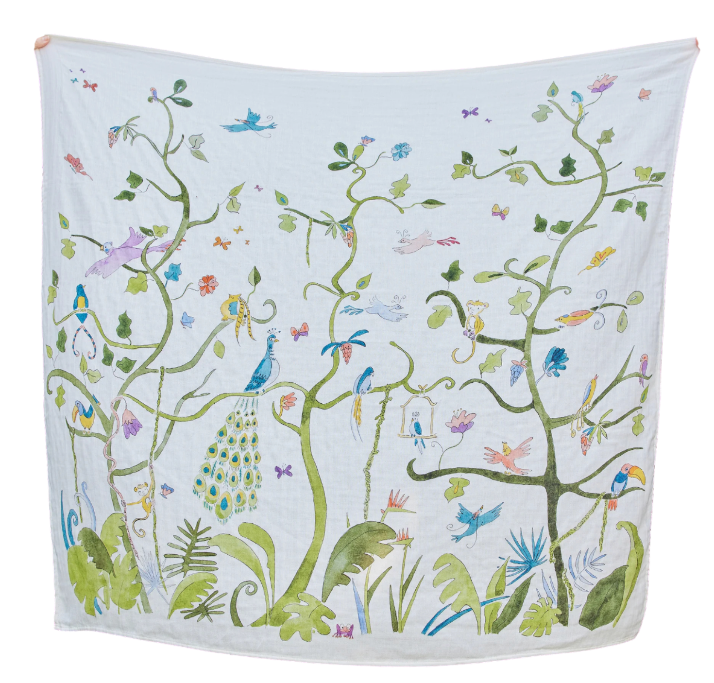 The Timo & Violet Shawl Blanket is a white organic cotton baby accessory with a vibrant, hand-painted pattern of leafy vines, birds, butterflies, and a peacock—perfect for brightening any nursery.