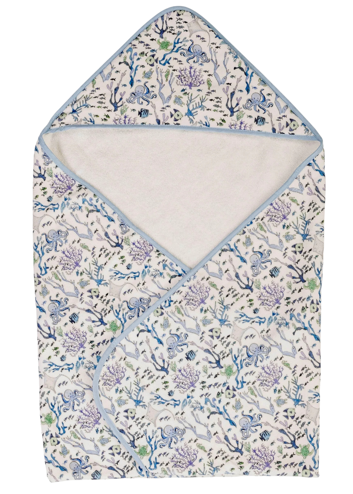 The Timo & Violet Hooded Bath Towel features a blue and white ocean-themed print with sea plants, animals, and light blue trim—ideal as a baby swim towel or toddler towel for cozy comfort after water play.