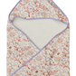 The Timo & Violet Hooded Bath Towel features a colorful coral and sea life print with light purple trim, shown flat with the hood folded—a fun, cozy towel for kids after pool time or bath.