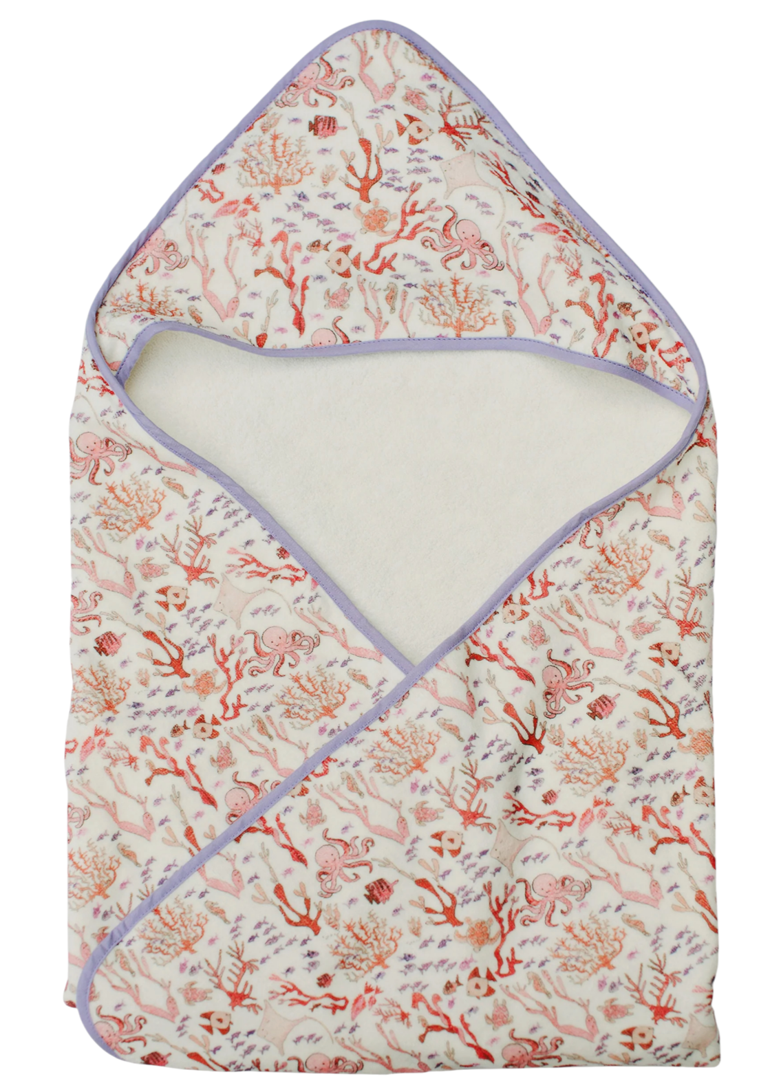 The Timo & Violet Hooded Bath Towel features a colorful coral and sea life print with light purple trim, shown flat with the hood folded—a fun, cozy towel for kids after pool time or bath.