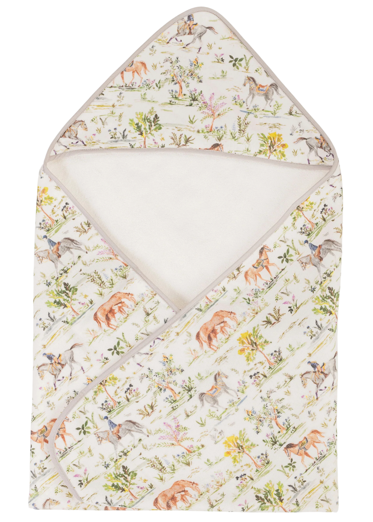 The Timo & Violet Hooded Bath Towel features a colorful horse and floral pattern on white, making it perfect for babies and toddlers to stay cozy after bath time. Use as a toddler towel or kids bath towel for extra comfort.