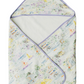 The Timo & Violet Hooded Bath Towel features a pastel cityscape and floral print with light purple trim—ideal as a cozy toddler towel or kids bath towel for snuggling after bath time.