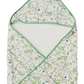 Timo & Violet Hooded Bath Towel: white interior, green trim, and a floral-and-bird print in green, blue, and pink—ideal as a kids' bath or baby swim towel.
