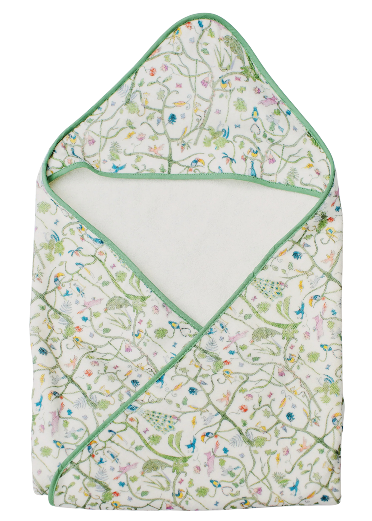 Timo & Violet Hooded Bath Towel: white interior, green trim, and a floral-and-bird print in green, blue, and pink—ideal as a kids' bath or baby swim towel.