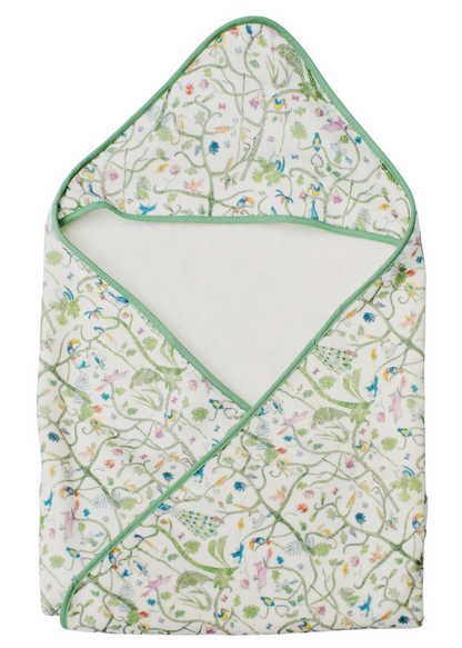 Timo & Violet Hooded Bath Towel: white interior, green trim, and a floral-and-bird print in green, blue, and pink—ideal as a kids' bath or baby swim towel.