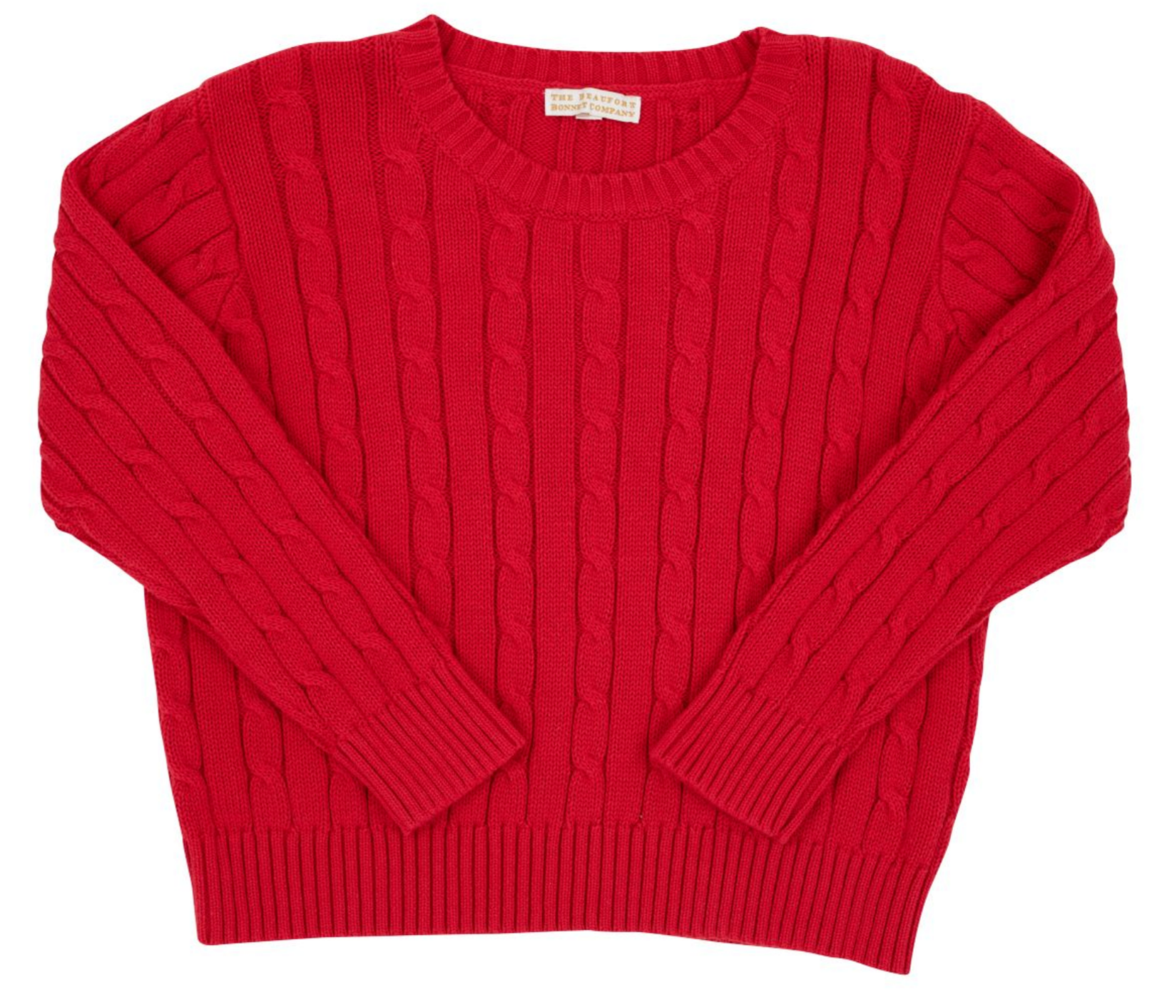 A Baby and Kids' Crawford Crewneck by The Beaufort Bonnet Company in Richmond Red is laid flat, showing its long sleeves, cable-knit texture, and ribbed cuffs, hem, and collar.