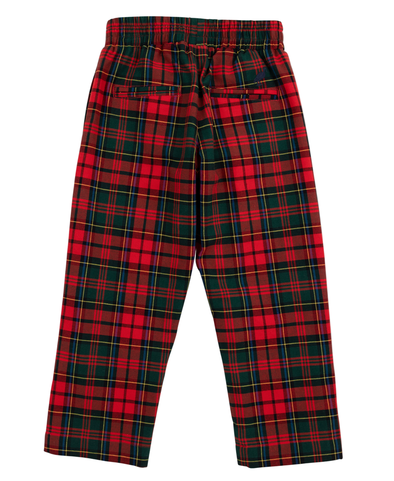 Red and green Baby Boys' and Boys' Twill Sheffield Pants by The Beaufort Bonnet Company, featuring an elastic waistband and two back pockets, displayed flat on a white background.