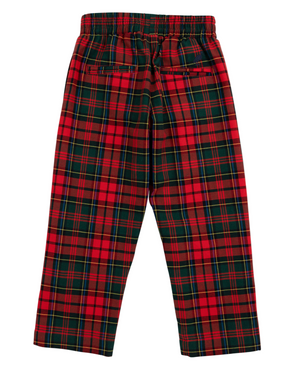 Red and green Baby Boys' and Boys' Twill Sheffield Pants by The Beaufort Bonnet Company, featuring an elastic waistband and two back pockets, displayed flat on a white background.