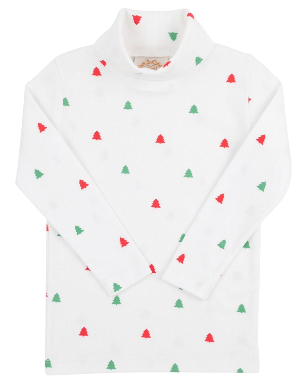 Keep your little one cozy in the Baby and Kids' Tatum's Turtleneck by The Beaufort Bonnet Company—a white long-sleeve shirt featuring red and green Christmas trees, perfect for festive celebrations.