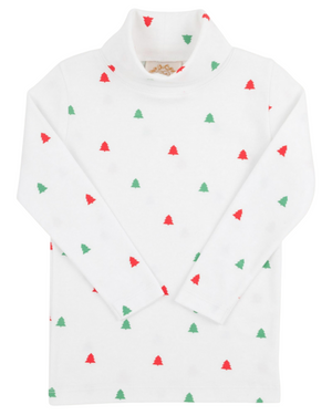 Keep your little one cozy in the Baby and Kids' Tatum's Turtleneck by The Beaufort Bonnet Company—a white long-sleeve shirt featuring red and green Christmas trees, perfect for festive celebrations.