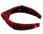The Beaufort Bonnet Company T.B.B.C. x Lele Sadoughi Knotted Headband in Paces Mill Plaid features red plaid fabric and gold and white embroidered symbols inside and out.