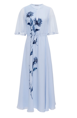 The Thessaly Dress by Altuzarra is an elegant light blue maxi with short flutter sleeves, a cinched waist, and dark blue floral embroidery—perfect for special occasions.