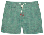 The Orlebar Brown Standard Riptide Woven Swim Short features a green patterned ripstop fabric, white drawstring, and red accents. Shown flat against a white background, their relaxed fit is ideal for beach bonfires or casual summer outings.