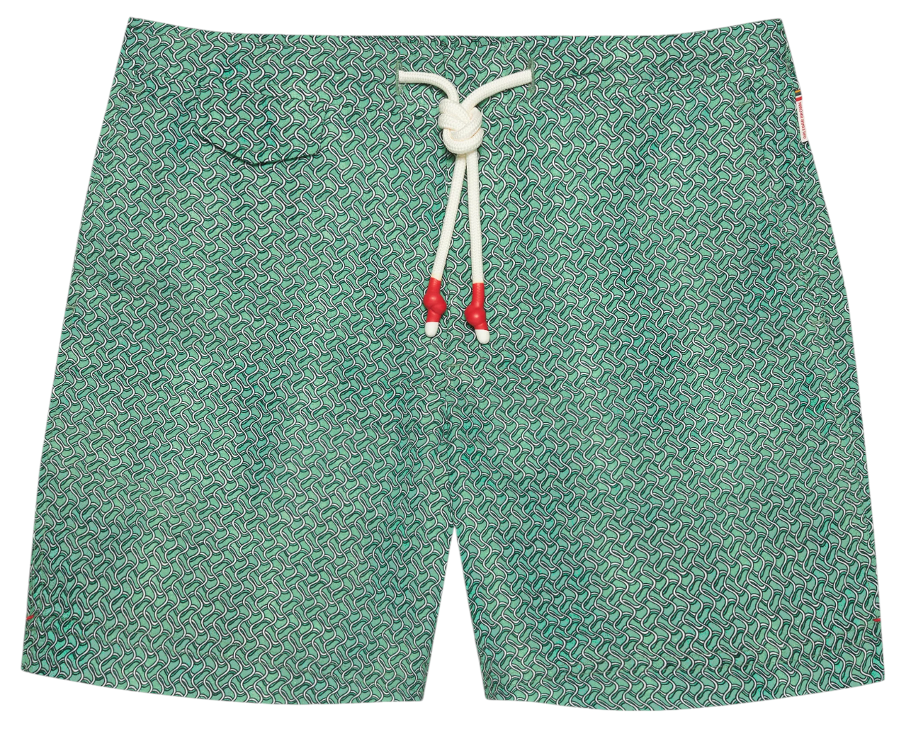 The Orlebar Brown Standard Riptide Woven Swim Short features a green patterned ripstop fabric, white drawstring, and red accents. Shown flat against a white background, their relaxed fit is ideal for beach bonfires or casual summer outings.
