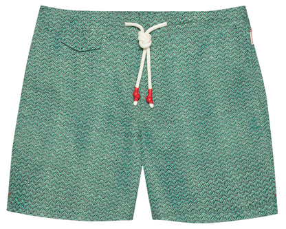 The Orlebar Brown Standard Riptide Woven Swim Short features a green patterned ripstop fabric, white drawstring, and red accents. Shown flat against a white background, their relaxed fit is ideal for beach bonfires or casual summer outings.