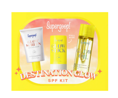 A yellow-themed ad showcases Supergoop's Destination Glow kit, with travel-size SPF favorites—Glow Screen, Glow Stick, and Glow Oil—popping against a vibrant backdrop.