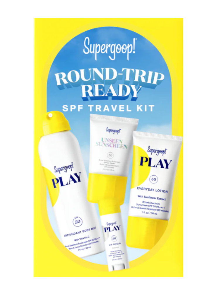 Supergoop Round Trip Ready is a lightweight SPF travel kit featuring four sunscreen essentials—a body mist, daily lotion, and two mini tubes—presented against a bright yellow background.