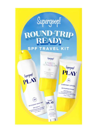 Supergoop Round Trip Ready is a lightweight SPF travel kit featuring four sunscreen essentials—a body mist, daily lotion, and two mini tubes—presented against a bright yellow background.