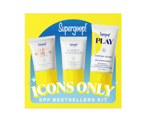 The Supergoop Icons Only SPF Bestseller Kit features three sunscreens—Glow Screen, Unseen Sunscreen, and Play Everyday Lotion—packaged together in a vibrant yellow box.