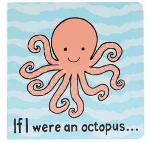 Illustration of a smiling pink octopus on a blue wavy background with "If I Were An Octopus Book" by Jellycat, perfect for toddlers exploring underwater adventures.