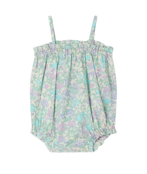 The Bonpoint Baby Girls' Nefle Romper features a pastel floral Liberty fabric, thin shoulder straps, elasticized top and leg openings, and is shown against a white background.