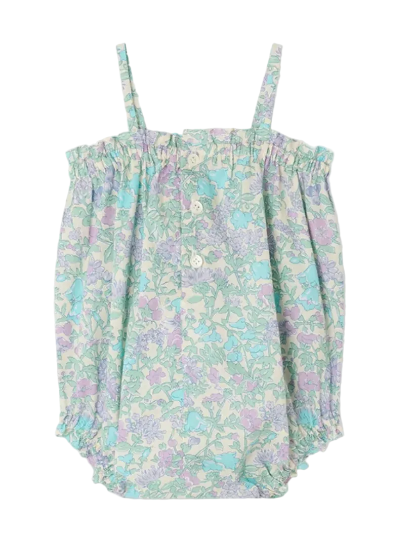 The Bonpoint Baby Girls' Nefle Romper features soft Liberty fabric, a pastel blue, green, and purple floral print, thin straps, and front buttons.