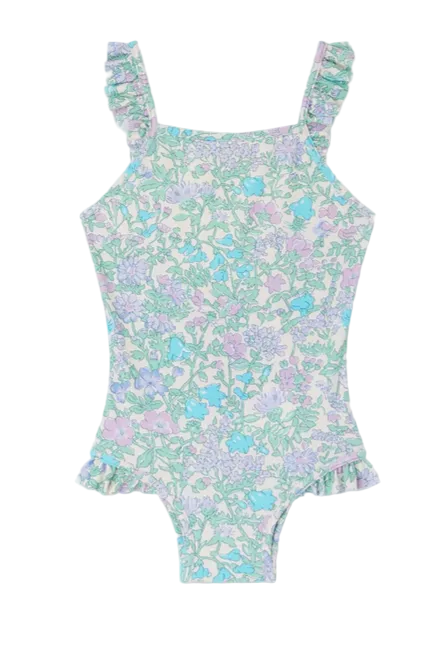 The Bonpoint Baby Girls' & Girls' Cecilia One Piece Swimsuit features a charming white and blue floral pattern.