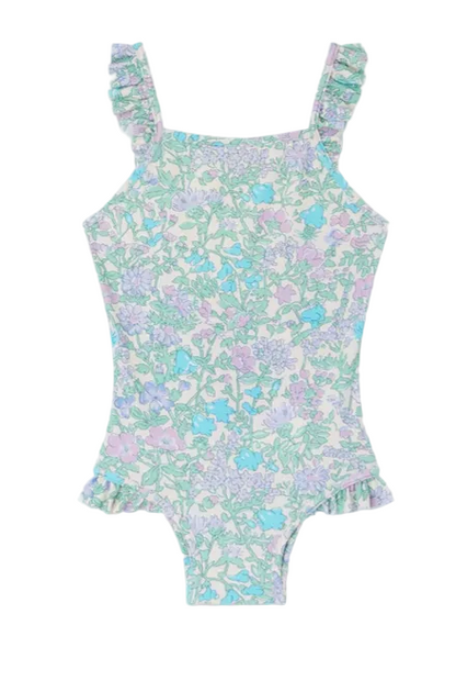 The Bonpoint Baby Girls' & Girls' Cecilia One Piece Swimsuit features a charming white and blue floral pattern.