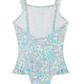 The Bonpoint Baby Girls' & Girls' Cecilia One Piece Swimsuit features pastel floral Liberty fabric, ruffled shoulder straps, and ruffle leg openings, shown on a white background.